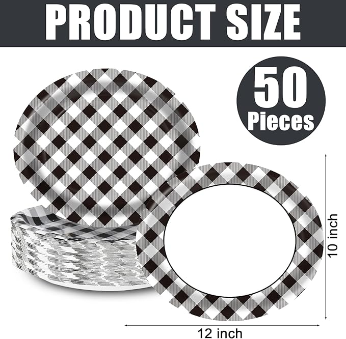Race Car Gingham Oval Paper Plates 10’’x 12’’, Large Disposable Heavy Duty Black and White Gingham Plaid Paper Plates for Birthday Wedding Baby Shower Tea Party Supplies, 50 Guest