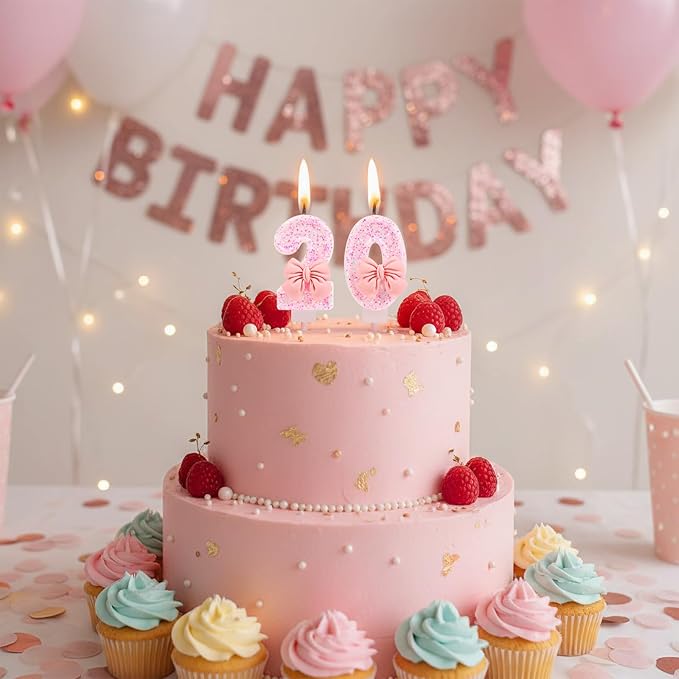 Number 0 Birthday Candle, Pink Bow Birthday Candles, Glitter Candle Cake Topper, Happy Birthday Cake Decoration Gifts, Anniversary Party Supplies for Girl