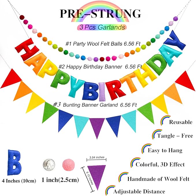 3 Pcs Pre-Strung Happy Birthday Banner, Felt Ball Garland, Pennant Triangle Flags, Rainbow Party Decorations, HAPPY BIRTHDAY Garland, Personalized Holiday Sign for Birthday Decor, Party Supplies, Photo Prop ( Felt Banner + Pennant Flags + Rainbow Balls)