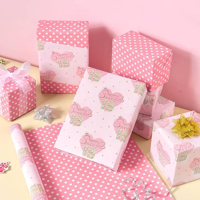 WERNNSAI Sweet 16 Birthday Wrapping Paper - 1 Roll 17”x 33ft Happy Birthday Wrapping Paper Pink Love Heart Gift Wrap for Girls Daughter Granddaughter Friends Sweet Sixteen Gifts Supply