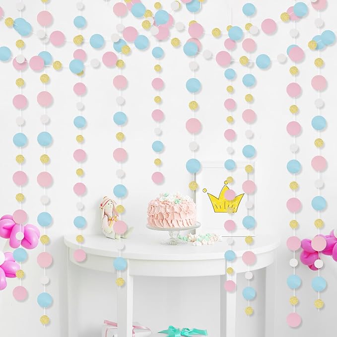 Outus 5 Pieces Pink,Blue,Gold,White Round Dots Garland Graduation Party Hanging Decor Each Length 13.1ft Glitter Paper Dot Streamers for Birthday Wedding Classroom Supplies