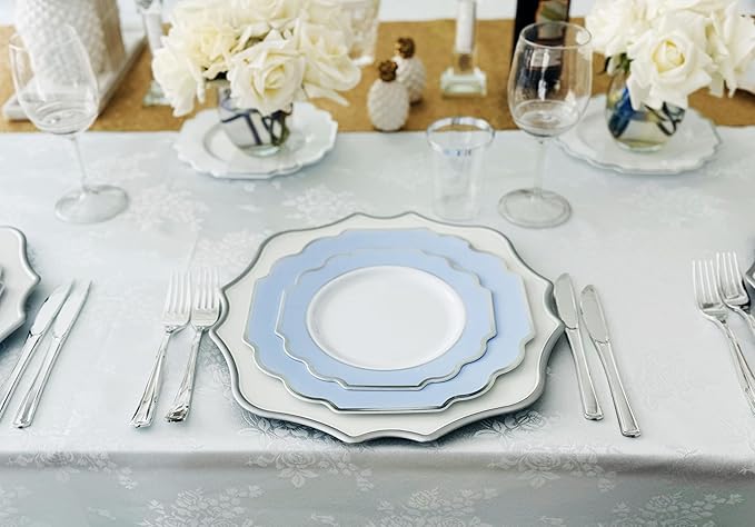 " OCCASIONS " 80 Plates Pack,(40 Guests) Heavyweight Premium Wedding Party Disposable Plastic Plates Set -40 x 10.5'' Dinner + 40 x 8'' Salad/Dessert (Imperial in White/Blue & Silver)