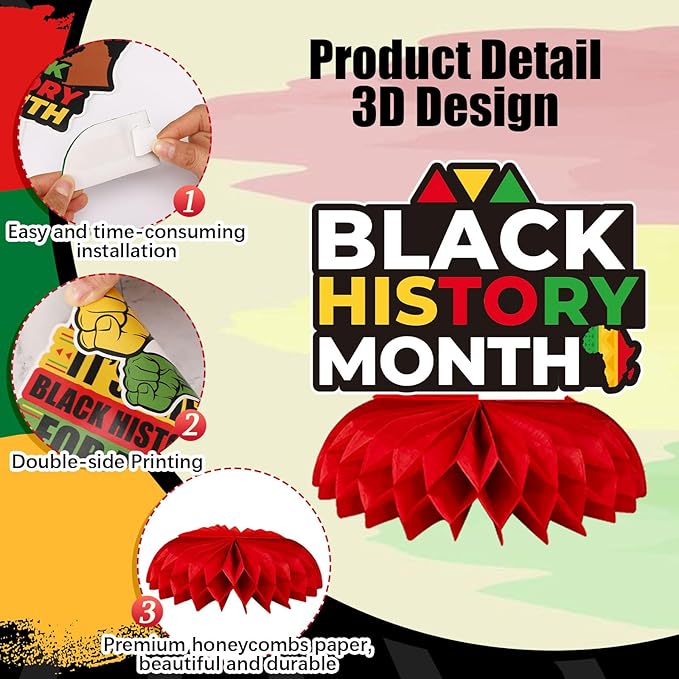 JULMELON 8PCS Black History Month Table Decorations, 3D Double Sided Black History Month Table Centerpieces, African American Honeycomb Office Decor for Party