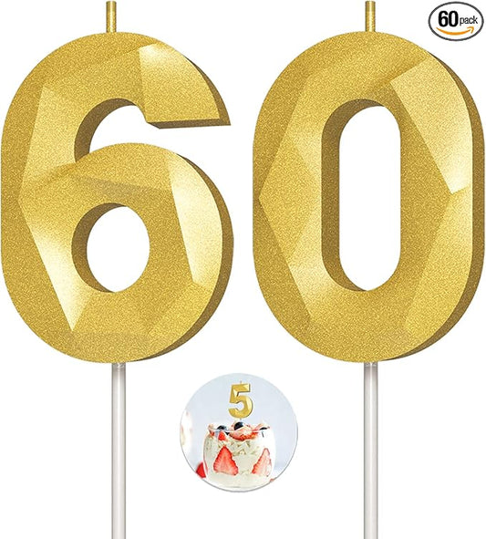 Number Birthday Candles(60 Candle Gold) 3D Diamond Shape Number Happy Birthday Cake Candles for Birthday Party Wedding Decoration Reunions Theme Party