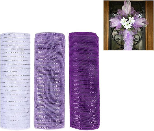 3 Rolls White Purple Deco Mesh Ribbon for Wreath Making Supplies, 10 Inch x 30FT Metallic Foil Burlap Deco Mesh Fabric for Easter Spring Christmas Door Wreath Swags and Decorating