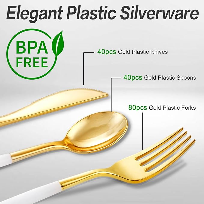 SUT Gold Plastic Silverware, 160Pcs Gold Utensils Set Disposable, 80 Gold Plastic Forks, 40 Gold Knives, 40 Gold Spoons, Gold Plastic Cutlery for Parties, Dinners, Weddings(White Gold)