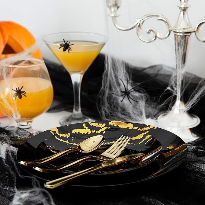 JOLLY PARTY 180PCS Disposable Dinnerware Set 30 Guest, 60 Black and Gold Plastic Plates, 30 Silverware, 30 Plastic Cups, Marble Design Dinnerware for Halloween, Wedding and Parties