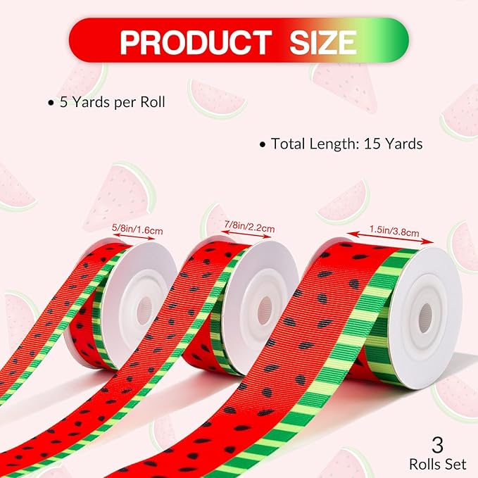 Watermelon Ribbon 3 Rolls Fruit Print Grosgrain Ribbons 5/8", 7/8", 1.5", Watermelon Printed Ribbon for Summer Crafts, Gift Wrapping, Wreaths, Garlands, Party Decorations