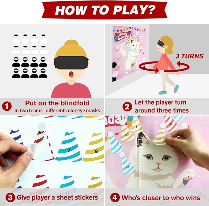 PARTYLOUD Cat Birthday Party Games, Pin The Hat on The Cat, Cat Themed Pet Party Games Toddlers Preschool Party Supplies Favors for Boys Girls Adults 24 Guests