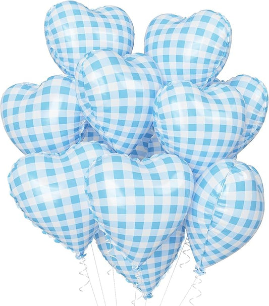 Blue Checkered Heart Balloons, 18 Inch Pastel Blue and White Gingham Heart Shaped Foil Balloon, 10Pcs Plaid Helium Balloon for Boy Baby Shower Retro Y2K Picnic Farmhouse Goose Checkerboard Theme Party