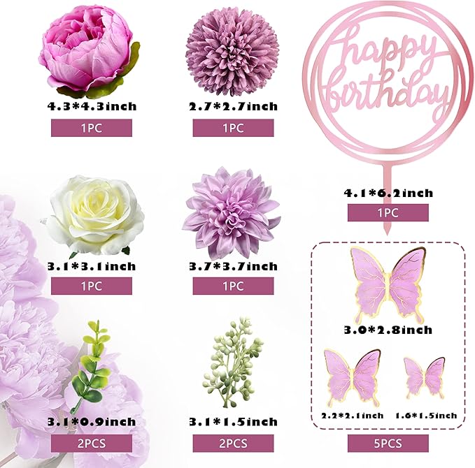 14 PCS Butterfly Cake Toppers Happy Birthday Cake Decorations with Artificial Purple Flowers Eucalyptus Butterflies for Girls Birthday Party Wedding Baby Shower Supplies (Purple)