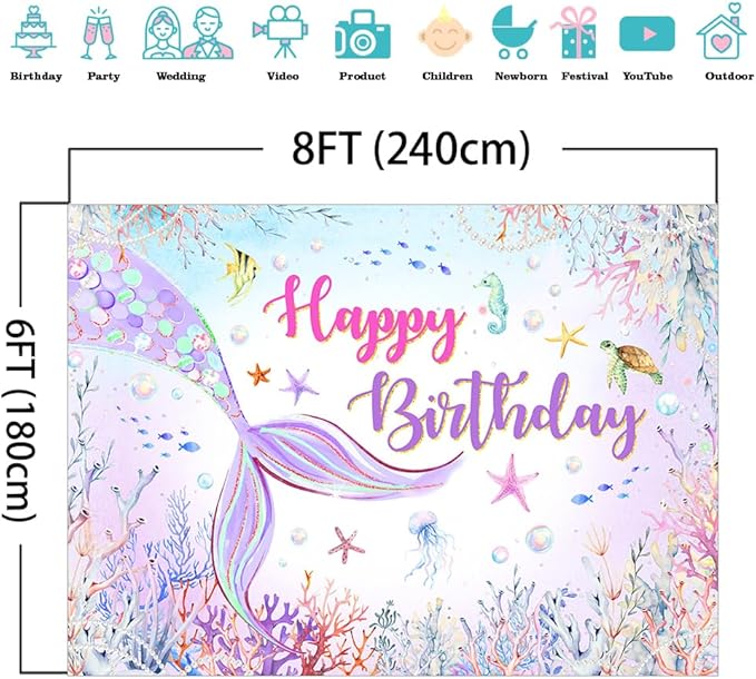 Mocsicka Mermaid Birthday Backdrop Blue Purple Mermaid Background Under The Sea Girls Birthday Party Decor Photo Booth Props (8x6ft)