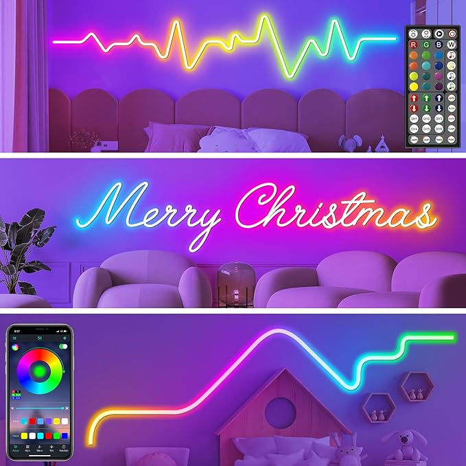 LETIANPAI Neon Rope Lights,Flexible Led Rope Lights Control with App/Remote,Multiple Modes Rope Lights,IP65 Outdoor RGB Led Neon Lights Waterproof,Music Sync Gaming Led Light Strip (50FT)