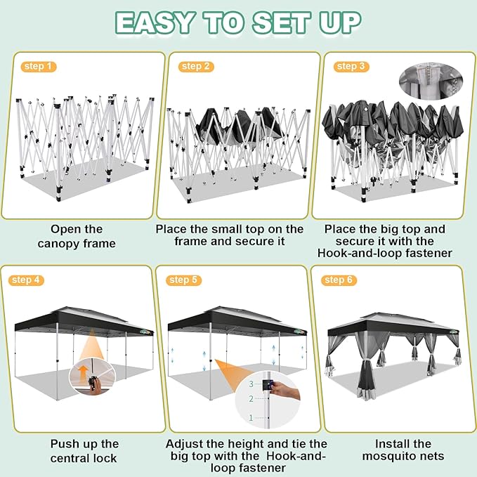 COBIZI 10x20 Pop up Gazebo, One-Push Setup Canopy Tent with Mosquito Netting & Vented Roof Design, Upgrade Metal Easy up Canopy Carpa Outdoor Gazebos for Backyard Camping Deck Party(White & Gray)