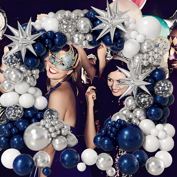 161pcs Navy Blue and Silver Balloon Garland Arch Kit with Blue White Silver Confetti Balloons, Star Foil Balloons, for Graduation New Year Anniversary Birthday Party Decorations