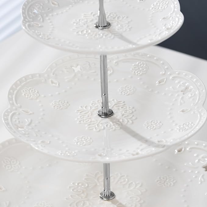 Cupcake Stand- Jusalpha 3-Tier White Porcelain Cake Stand Dessert Stand-Cupcake Stand-Tea Party Serving Platter, Comes in a Gift Box- Free Sugar Tong
