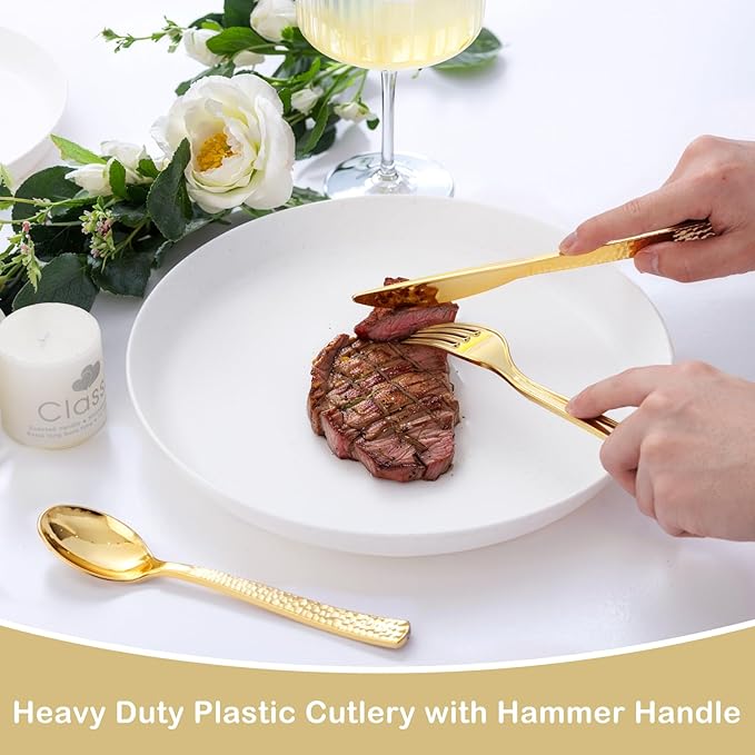 Supernal 180pcs Gold Plastic Silverware Set, Elegant Hammered Design Disposable Cutlery (60 Forks, 60 Spoons, 60 Knives), Heavy Duty Plastic Utensils for Weddings, Graduation Parties 2026 & Catering