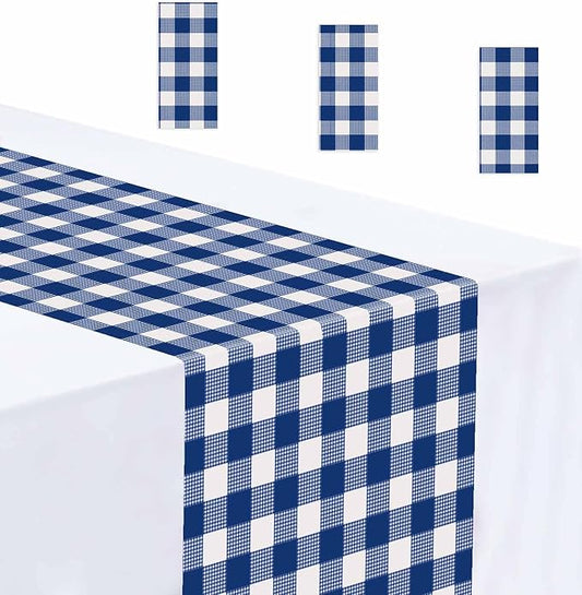 3 Pcs Navy Blue and White Checkered Table Runner Plastic 14 x 108 Disposable Blue Gingham Table Runner for Birthday Wedding Baby Shower Party Table Centerpiece Decorations
