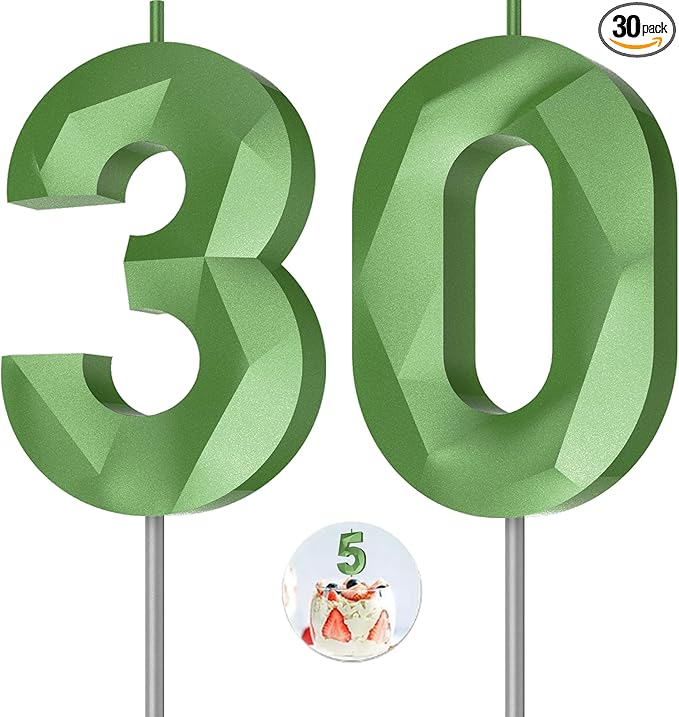 Number Birthday Candles(30 Candle Green) 3D Diamond Shape Number Happy Birthday Cake Candles for Birthday Party Wedding Decoration Reunions Theme Party