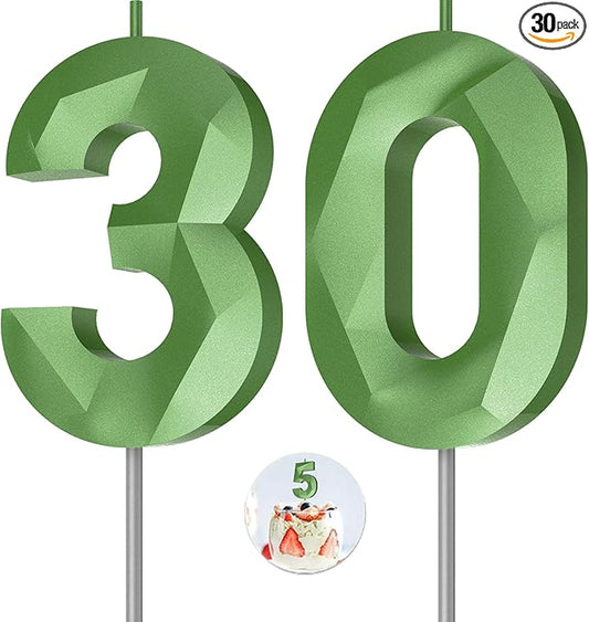 Number Birthday Candles(30 Candle Green) 3D Diamond Shape Number Happy Birthday Cake Candles for Birthday Party Wedding Decoration Reunions Theme Party