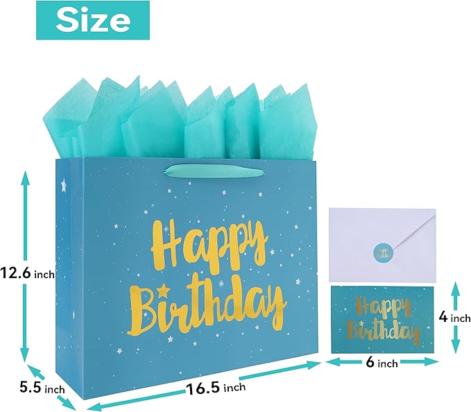 Qirrmiy 16.5” Extra Large Teal Blue Happy Birthday Gift Bag Set with Handles, Green Greeting Card, Tissue Papers and Stickers for Men Boys Women Girls Kids, Stars Design, 1 Pcs.