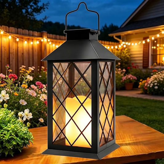 Yowin Solar Lanterns Outdoor Waterproof 14" Large Tempered Glass Solar Hanging Lantern for Outside with Flickering Candle, Mother's Gift Ideas, Wall Lamps for Garden Patio Vintage Decorations - Black