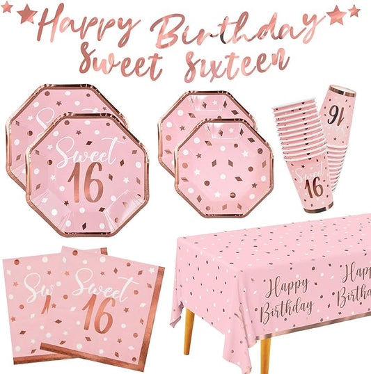 Rose Gold & Pink Sweet 16 Birthday Bundle: Party Supplies Set with paper Plates, Napkins, Cups, Tablecloth & Banner - Sweet Sixteen Decorations, Party Favors ，Serves 25