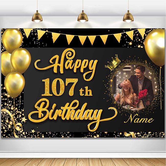 Custom Happy 107th Birthday Decorations Banner -107 Years Old Backdrop for Women Men Boys Girls - Personalization Party Supplies Black and Gold