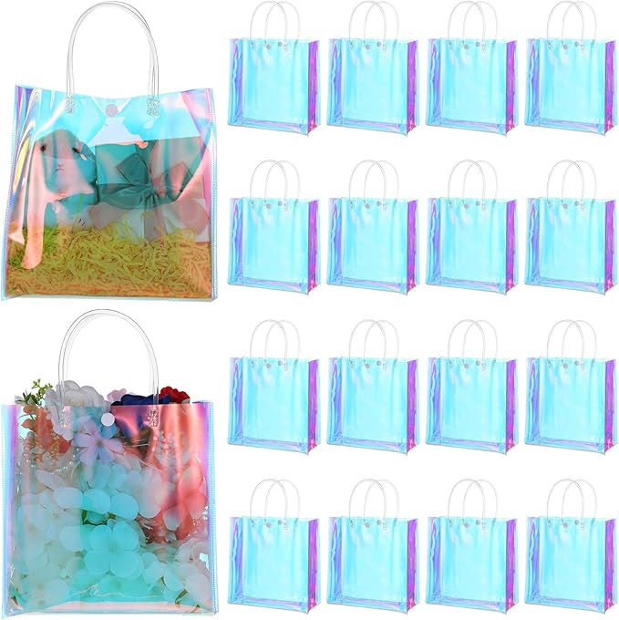 16 Pcs Holographic Bags, Party Favor Bags Clear Reusable Birthday Gift Bag with Handle-PVC Plastic Goodie Handbag for Women Girls Iridescent Bachelorette Wedding Christmas(7.87" x 7.87" x 3.94")