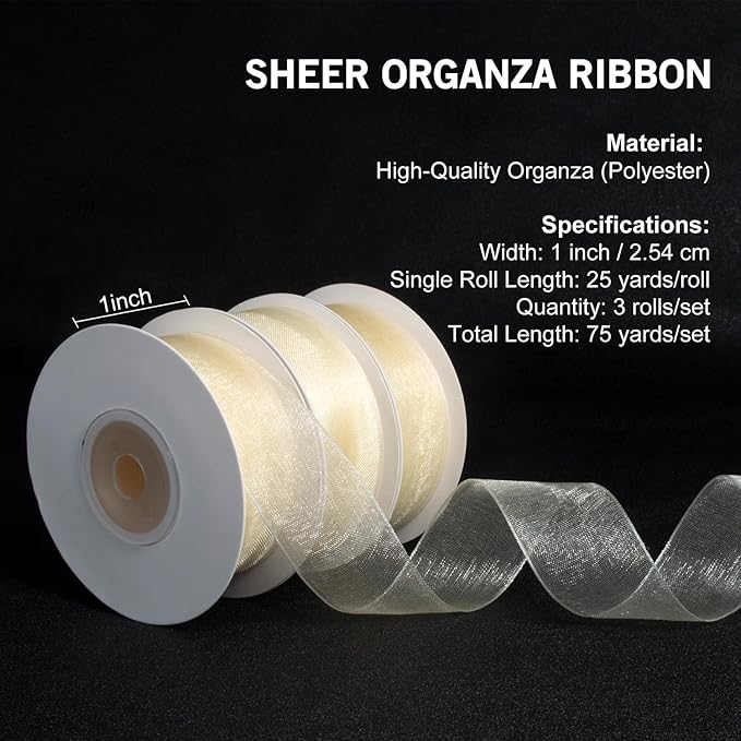 Ivory Organza Ribbon - 1 Inch x 75 Yds, Clear Ivory Chiffon Tulle for Gift Wrapping, Christmas, Weddings, Crafts