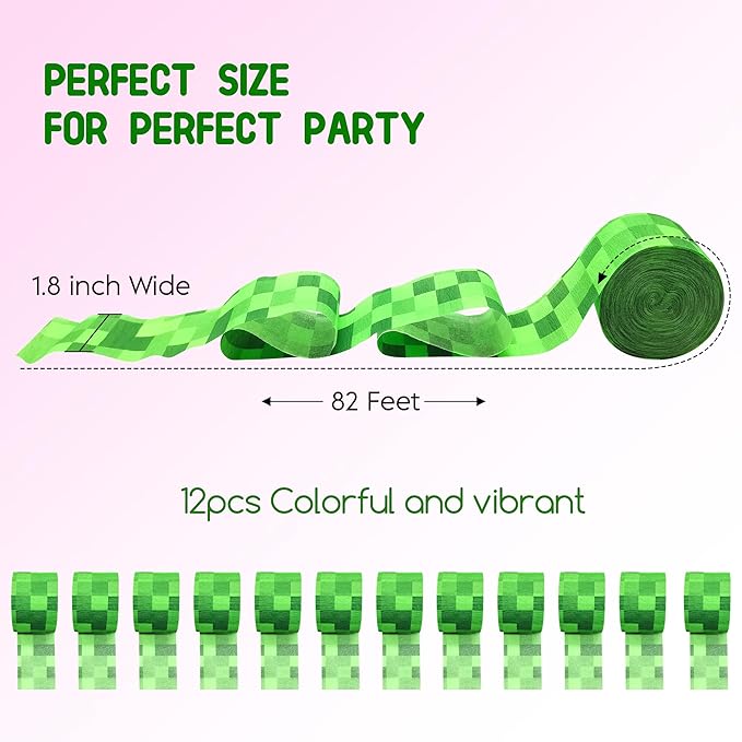Green Crepe Paper Streamers Party Decorations 12 Rolls 984ft Green Pixel Miner Crepe Paper Streamers for Mining Gaming Theme Party Baby Shower Graduation Wedding DIY Backdrop 1.8 Inch x 82 Ft/Roll