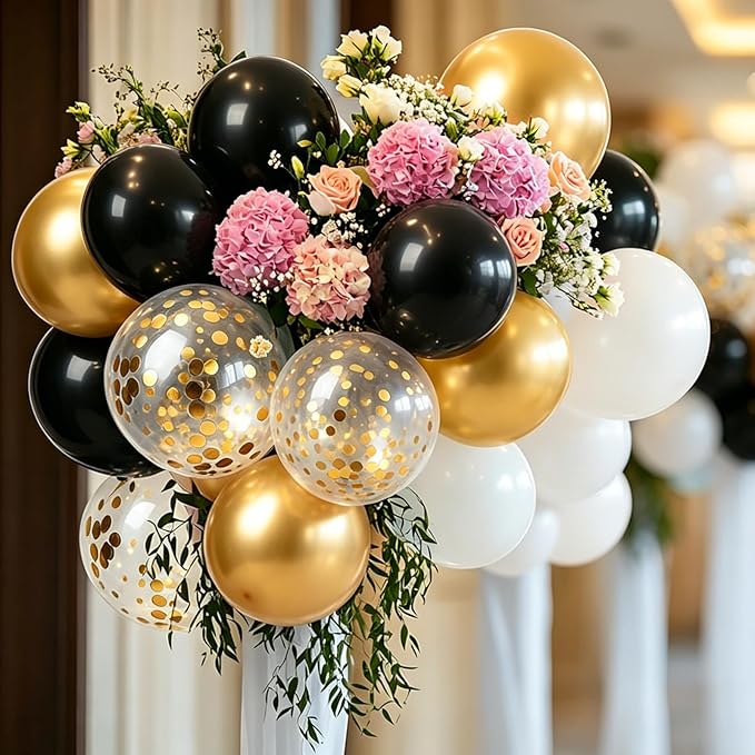 Black and Gold Balloons White Black Gold Confetti Balloon, 60 Pcs 12 Inch Latex Confetti Metallic Balloons with 1 Ribbon, for Birthday Wedding Bridal Shower Party Decorations