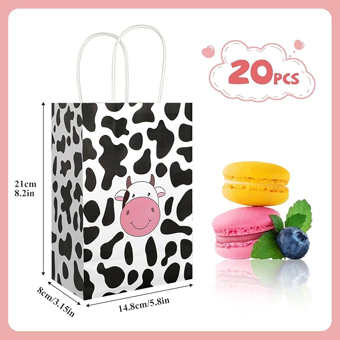 20Pcs Cow Party Favors Bags with Handles, Farm Themed Kraft Paper Gift Bags Candy Bags, Cute Cow Print Goodie Bags for Girls Boys Birthday Baby Shower