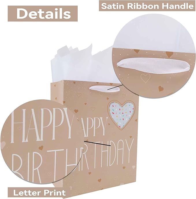 Qirrmiy 13” Large Brown Happy Birthday Gift Bag Set with Handles, Greeting Card, Green Tissue Papers and Stickers for Women Girls Men Boys Kids Teens, Heart Design, 1 Pcs.