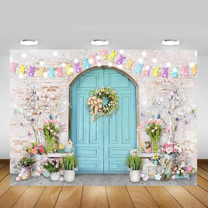 Mocsicka Easter Backdrop Blue Wooden Door with Brick Wall Bunny Rabbit Spring Photography Background Easter Day Party Decorations Photo Studio Props