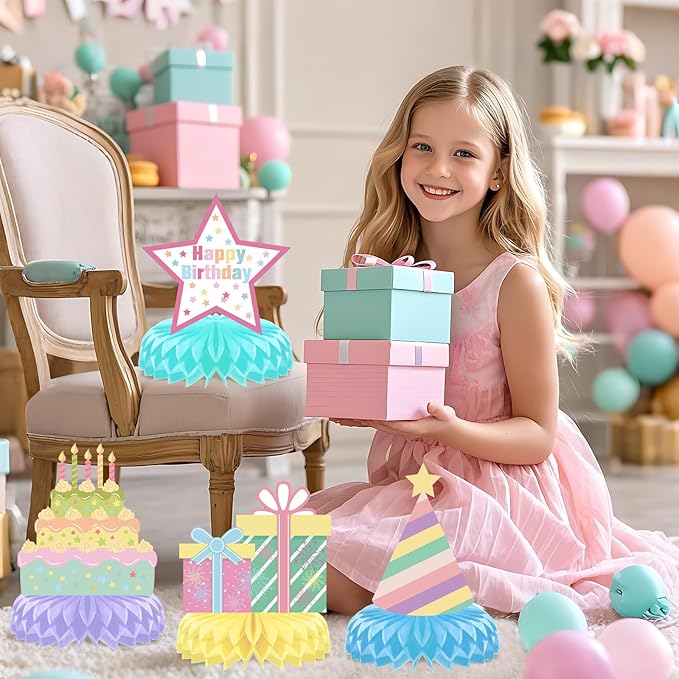 12 Pieces Happy Birthday Centerpiece Decorations Pastel Birthday Table Decorations Rainbow Macaron Bday Centerpieces for Tables for Girls Women Pastel Birthday Party Supplies
