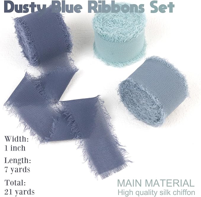 Dusty Blue Chiffon Ribbon 1 Inch x 21Yds Handmade Fringe Chiffon Silk Ribbon Dusty Blue/Slate Blue/Dark Blue Frayed Chiffon Ribbon for Wedding Invitation Flower Bouquets Bridal Shower Gift Wrapping