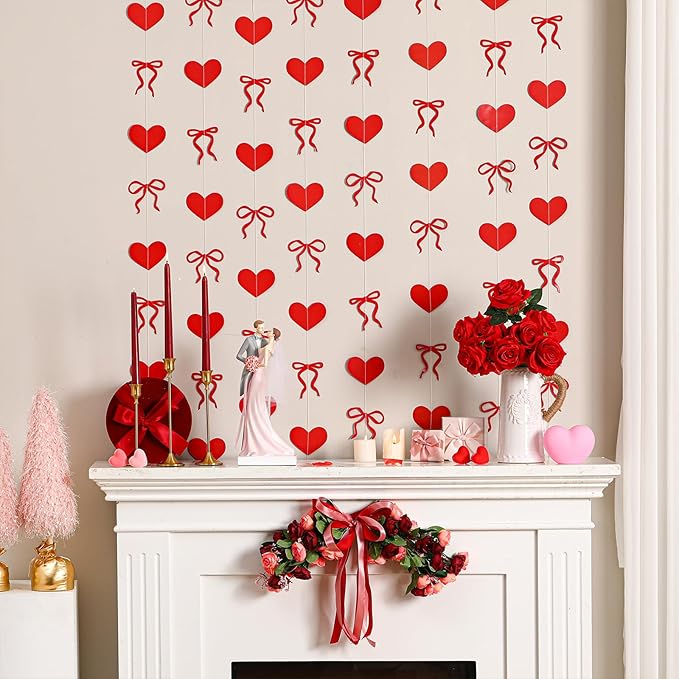 TaoBary 8 Pack Valentine's Day Red Heart Garland 6.56 ft Pre Strung Bow Bunting Banner Romantic Love Streamer Paper Hanging Decorations for Home Office Anniversary Wedding Engagement Party Decor