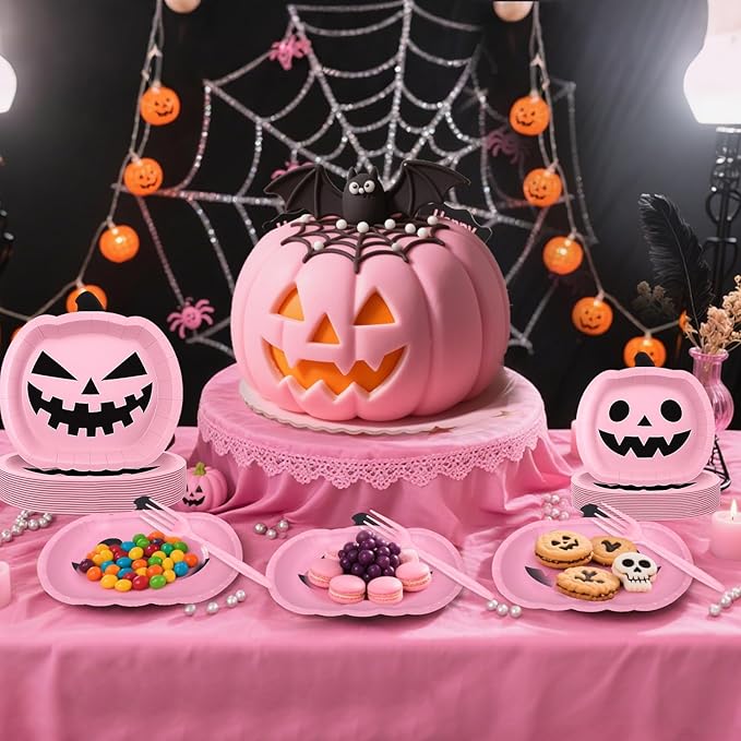 96 Pcs Halloween Paper Plates and Napkins Party Supplies Serve 24, 9" Pink Cartoon Pumpkin Disposable Plates for Halloween Birthday Baby Shower Table Decor