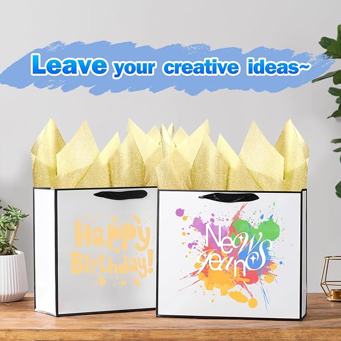 SHIPKEY 12 Pack Extra Large Gift Bags with Tissue Paper, 16x6x12 Inches White Paper Bags with Ribbon Handles, X-Large Gift Bags for Wedding, Christmas and Holidays