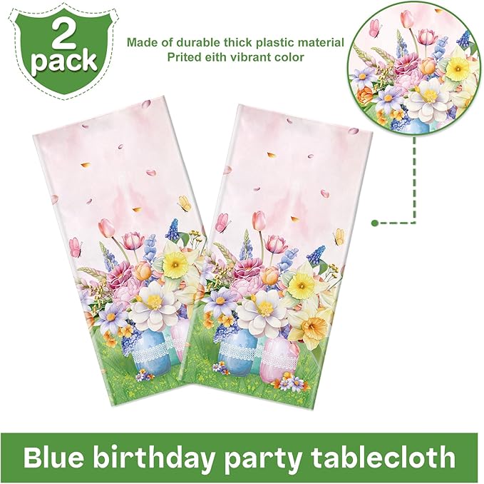 Floral Tablecloth, Pink and Green Garden Design, 2 Pack, Disposable Party Table Covers
