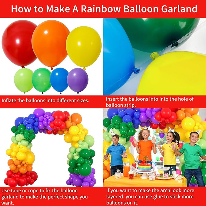 RUBFAC 189pcs Rainbow Balloon Garland Arch Kit, 7 Assorted Colors 5/12/18 Inch Latex Balloons for Birthday Party Baby Shower Wedding Anniversary Decoration