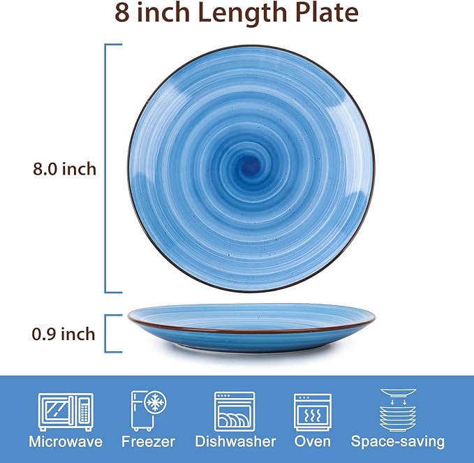 KitchenTour Ceramic Dinner Plates, 8 Inch Porcelain Serving Plate for Salad, Dessert Pizza Steak Pasta Plates Set, Dishwasher and Microwave Safe - Set of 6, Assorted Cool Colors