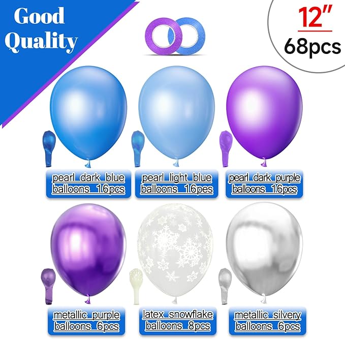 68Pcs Purple and Blue Party Balloons Kit 12 Inch Pearl Light Blue Metallic Purple Silver Snowflake Balloons with Ribbons for Winter Theme Birthday Wedding Girls Party Decorations.