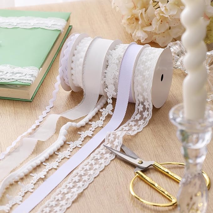 LaRibbons White Ribbons for Crafts 6 Rolls 27.5 Yards TTL Thin Ribbon for Sewing Wedding Gift Wrapping Home Decor