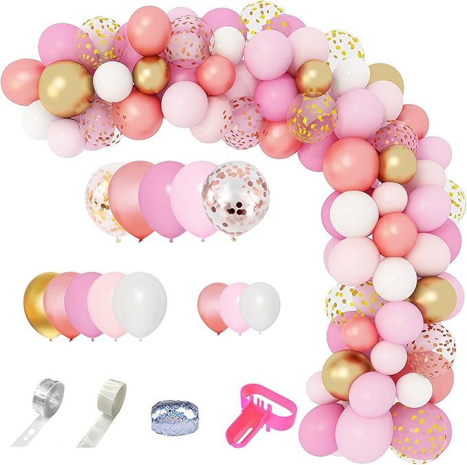 Amandir 164Pcs Rose Gold Pink Balloons Garland Arch Kit Light Pink Gold White Confetti Latex Metallic Balloons for Mothers Day Birthday Decorations Baby Shower Wedding Graduation Party Decorations