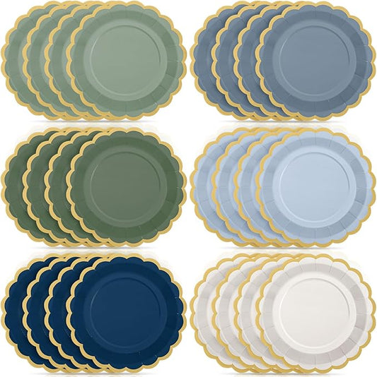 48 Pcs Dusty Blue Sage Green Paper Plates 9 Inch Green Blue Scalloped Paper Disposable Dinner Dessert Plates for Birthday Wedding Bridal Party Supplies, 6 Colors