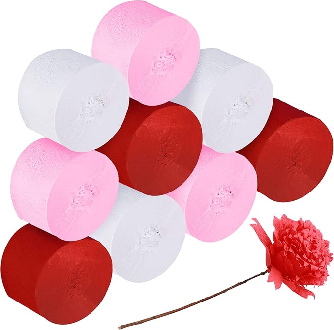 9 Rolls Crepe Paper Streamers Party Decorations 246 Yards in 3 Colors for Xmas Hanging Backdrops Party Decorations Christmas DIY Craft Supplies(Simple Style,Red, Pink, White)