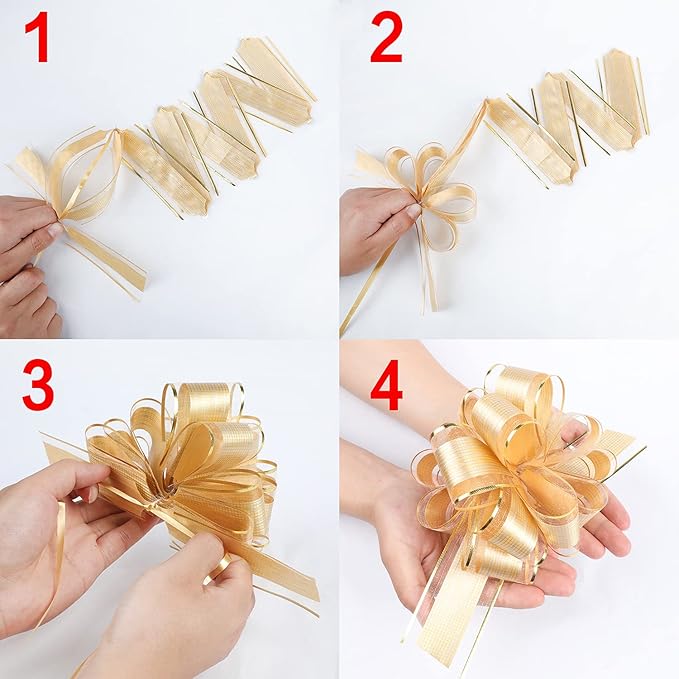 20 PCS Large Pull Bow Gift Wrapping Bows, Pull Bow with Ribbon for Wedding Gift Baskets, Party Gift Wrap Bows, Presents Decorating Bows (Gold)