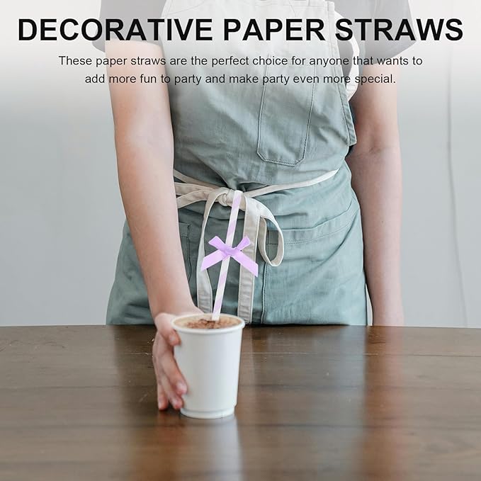 Gadpiparty Disposable Paper Straws with Purple Bow Tie Decorations 7.87 Inch Festive Decorative Straws for Birthday Wedding Baby Shower and Party Supplies